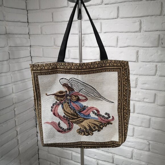 VTG Christmas Themed 15x16" Tapestry Reusable Bag w/ Angel Playing a Mandolin - Picture 1 of 4